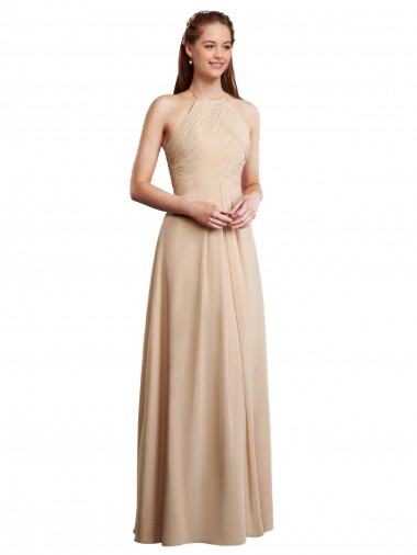 Draped Halter Neck Long Chiffon Bridesmaid Dress with Tie Back Brisbane