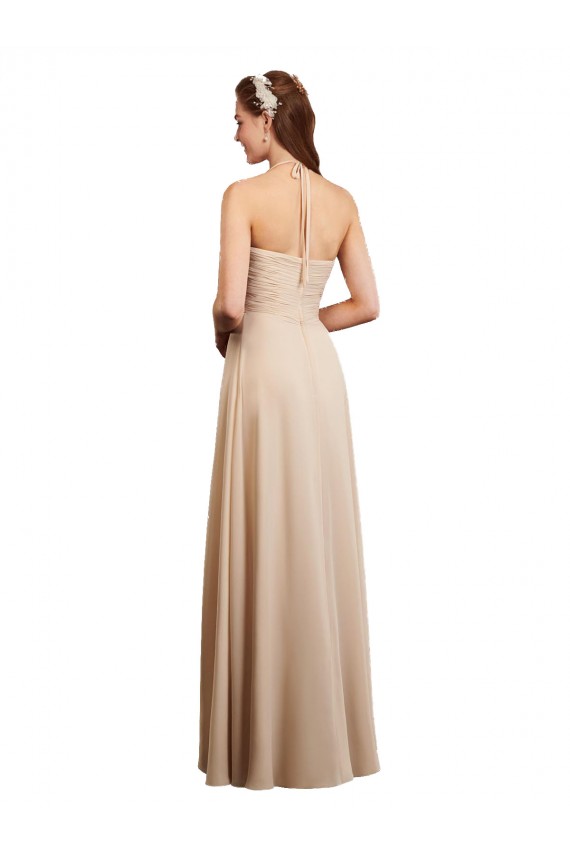 Draped Halter Neck Long Chiffon Bridesmaid Dress with Tie Back Brisbane