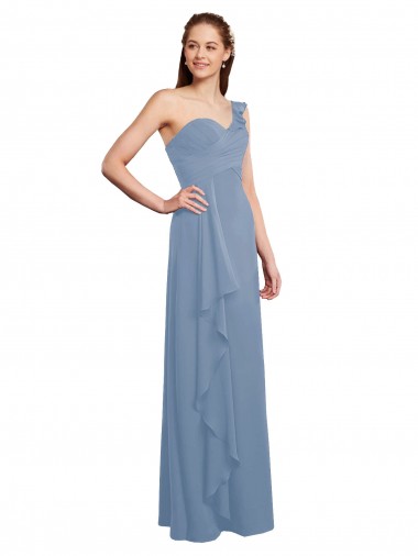 Single Shoulder Strap Long Chiffon Bridesmaid Dress with Cascading Ruffles Brisbane