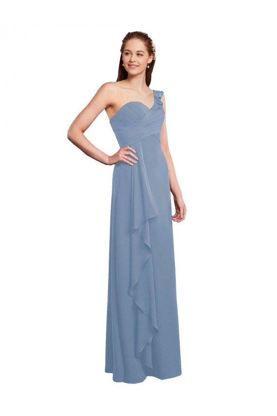 Single Shoulder Strap Long Chiffon Bridesmaid Dress with Cascading Ruffles Brisbane
