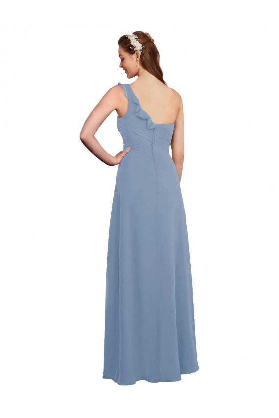 Single Shoulder Strap Long Chiffon Bridesmaid Dress with Cascading Ruffles Brisbane