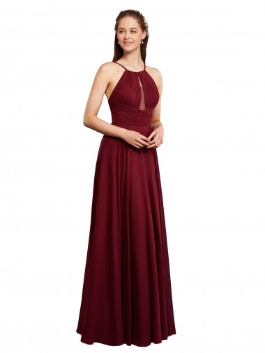 Long A-Line Halter Neck Chiffon Bridesmaid Dress with Draped Bodice Brisbane