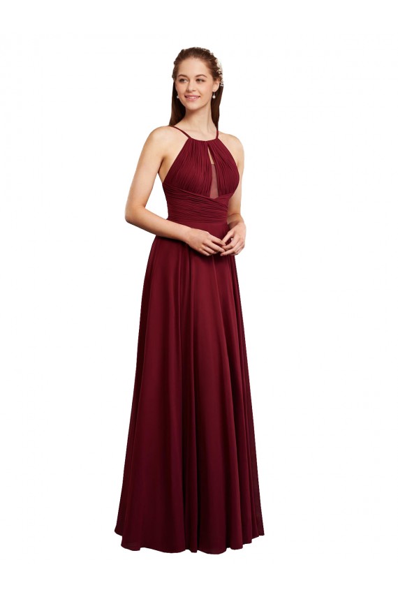 Long A-Line Halter Neck Chiffon Bridesmaid Dress with Draped Bodice Brisbane