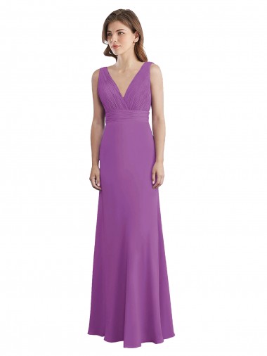 V-Shaped Neckline Long Chiffon Bridesmaid Dress with Cascading Ruffles Back Brisbane