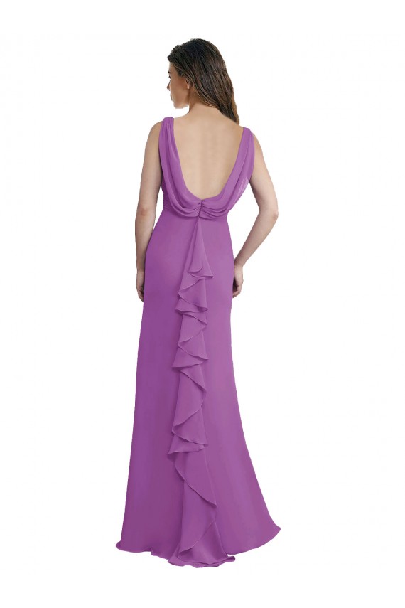 V-Shaped Neckline Long Chiffon Bridesmaid Dress with Cascading Ruffles Back Brisbane