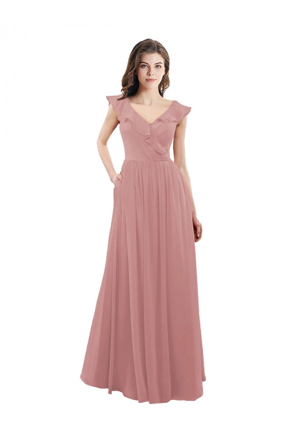 Chiffon A-Line Bridesmaid Dress with V-Neck Wrap Bodice Brisbane