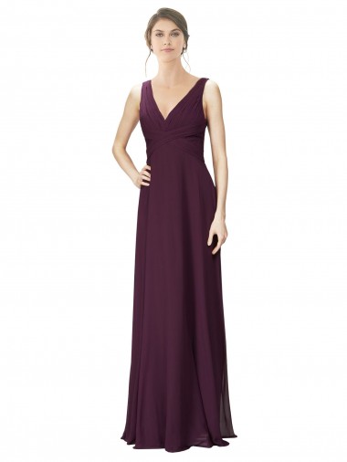 Long Chiffon Bridesmaid Dress with Ruched Criss Cross V-Neck Bodice Brisbane