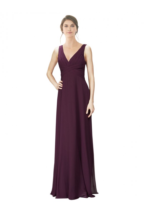 Long Chiffon Bridesmaid Dress with Ruched Criss Cross V-Neck Bodice Brisbane