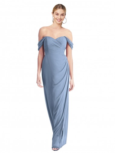 Full Length Draped Off the Shoulder Maxi Bridesmaid Dress with Shirred Streamer Brisbane
