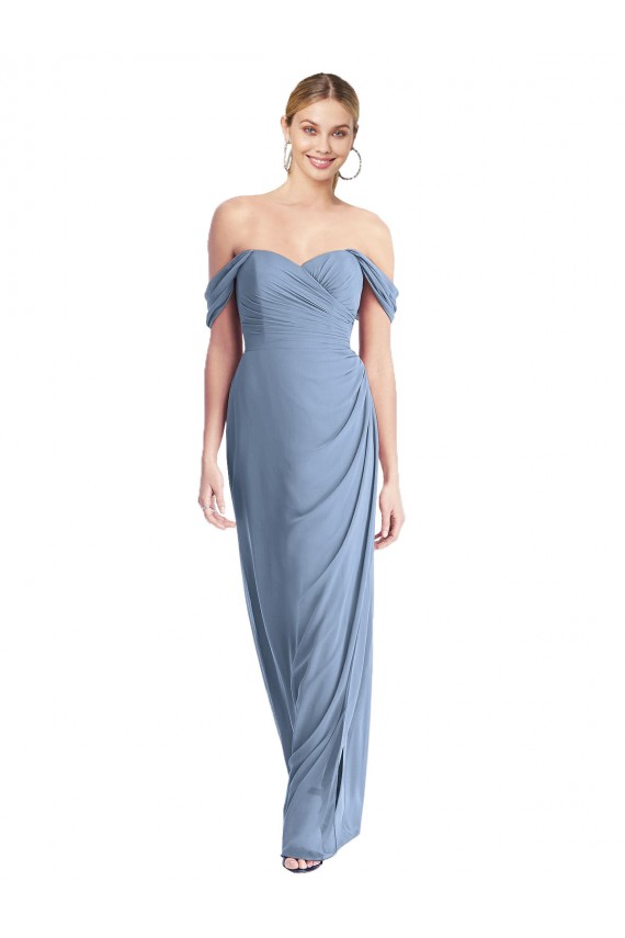 Full Length Draped Off the Shoulder Maxi Bridesmaid Dress with Shirred Streamer Brisbane