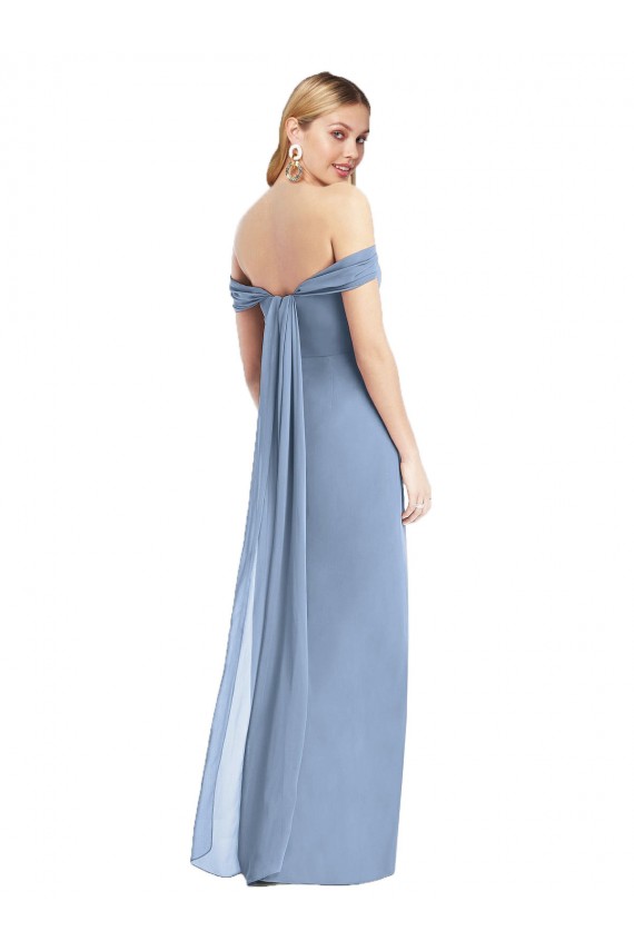 Full Length Draped Off the Shoulder Maxi Bridesmaid Dress with Shirred Streamer Brisbane
