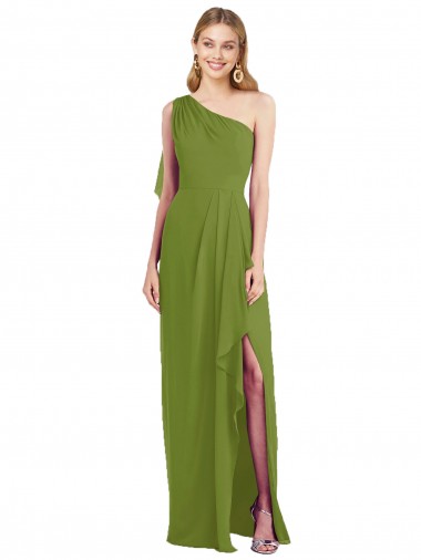 One Shoulder Chiffon Bridesmaid Dress with Draped Front Slit Brisbane