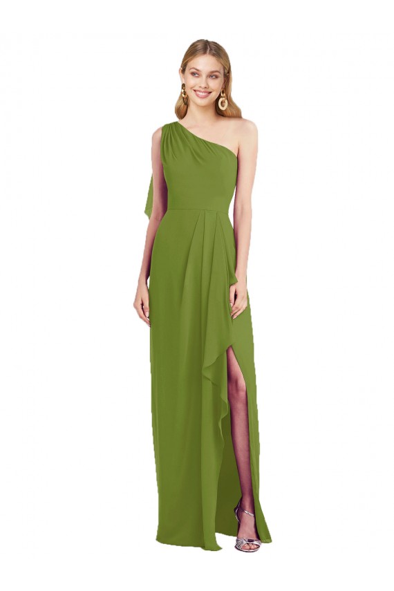 One Shoulder Chiffon Bridesmaid Dress with Draped Front Slit Brisbane