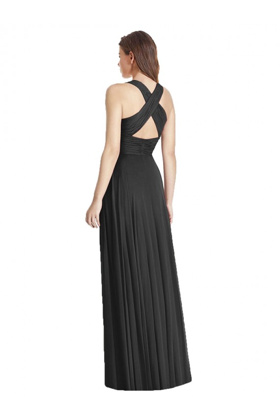 Full Length V-Neck Chiffon Bridesmaid Dress with Wide Criss Cross Straps Brisbane