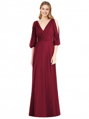 Draped V-Neck Bell Sleeves V-Back Chiffon Bridesmaid Dress Brisbane