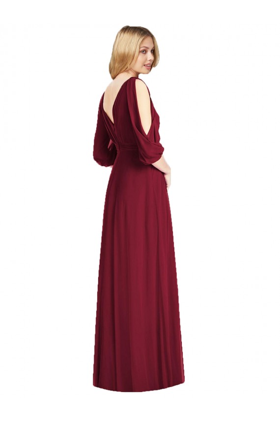 Draped V-Neck Bell Sleeves V-Back Chiffon Bridesmaid Dress Brisbane