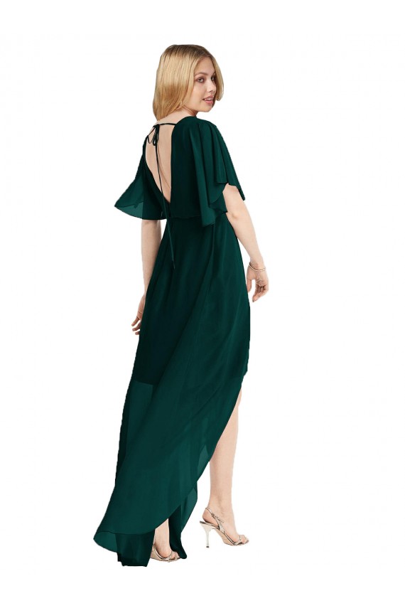Plunging V Back Flutter Sleeves Cocktail Length Chiffon Bridesmaid Dress Brisbane