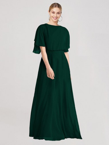 Full-Length Flutter Sleeves Plunging V Back Chiffon Bridesmaid Dress Brisbane