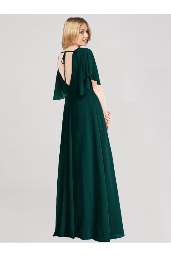 Full-Length Flutter Sleeves Plunging V Back Chiffon Bridesmaid Dress Brisbane