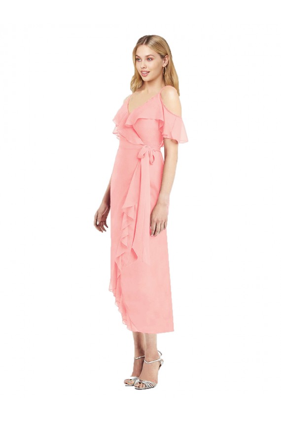 Cocktail Wrap Chiffon Bridesmaid Dress with Fluttering Ruffles Brisbane