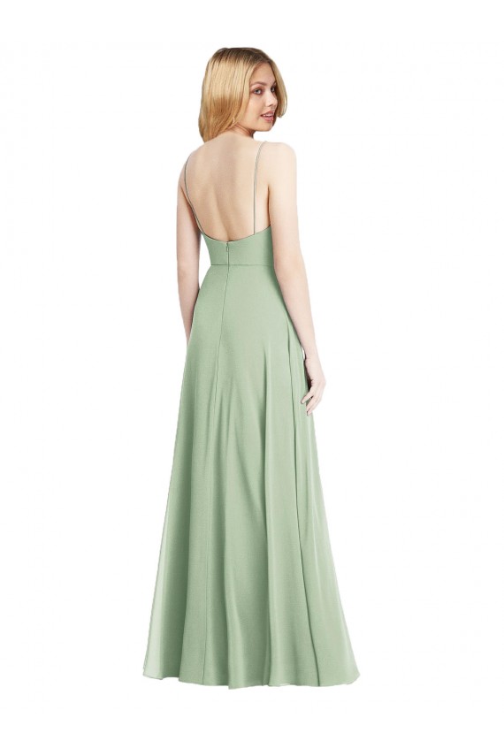 Sleek Spaghetti Straps Low Back Square Neck Maxi Formal Chiffon Bridesmaid Dress Brisbane