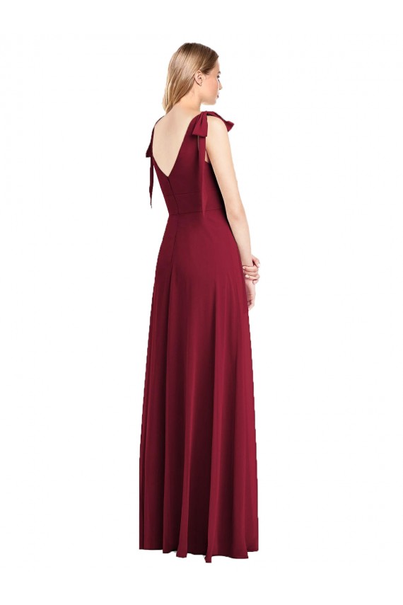Full Length Bow-Shoulder V-Back Chiffon Bridesmaid Dress with Front Slit Brisbane