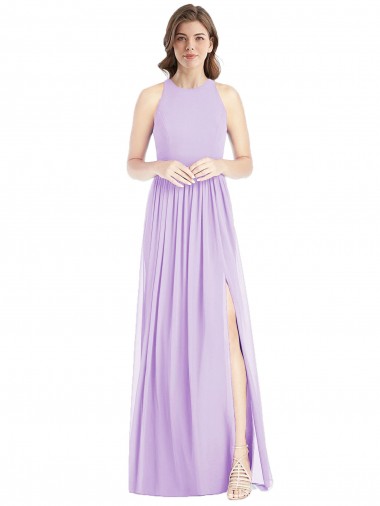 Shirred Skirt Jewel Neck Halter Chiffon Bridesmaid Dress with Front Slit Brisbane