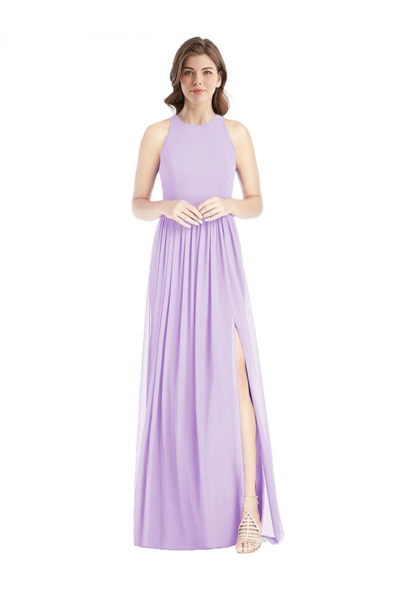 Shirred Skirt Jewel Neck Halter Chiffon Bridesmaid Dress with Front Slit Brisbane