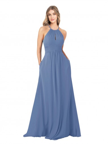 Draped High Neck Keyhole Back Bridesmaid Dress with Front Slit Brisbane
