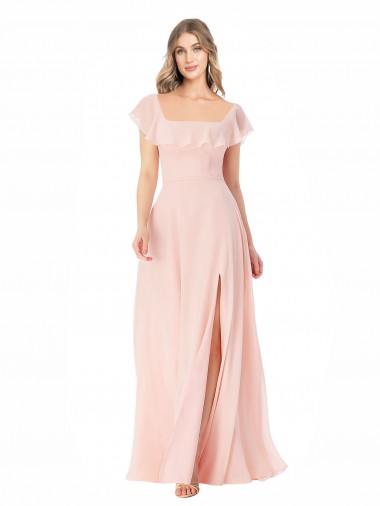 Flutter Cap Sleeves Square Neck Ruffle Chiffon Bridesmaid Dress Brisbane