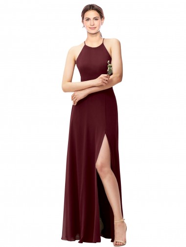 Slim Long High Halter Neck Chiffon Bridesmaid Dress with High Side Slit Brisbane