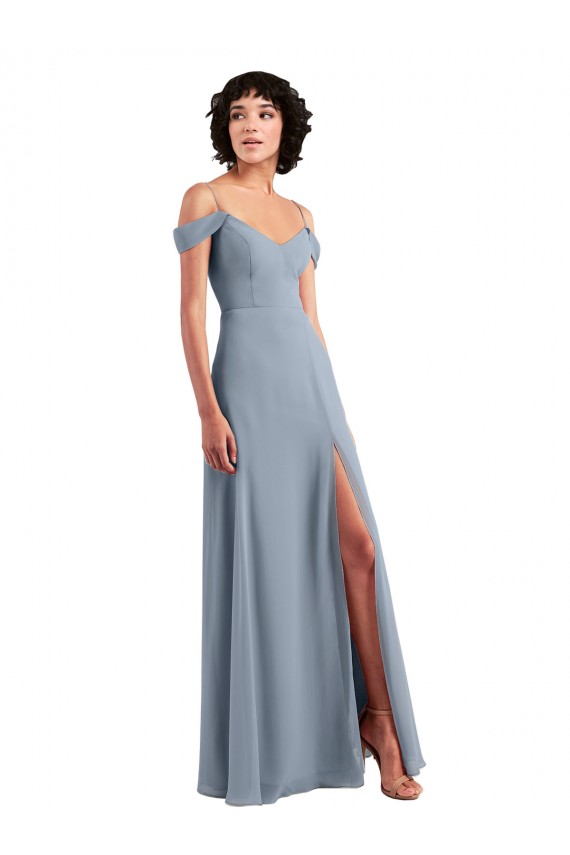 Off the Shoulder Folded Sleeve Long Chiffon Bridesmaid Dress with High Side Slit Brisbane