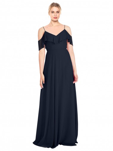 Draped Sleeves Flounce Neckline Long Chiffon Bridesmaid Dress with Spaghetti Straps Brisbane