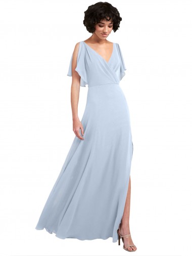 Split Flutter Sleeves V-Neck Chiffon Bridesmaid Dress with Open V-Back Brisbane