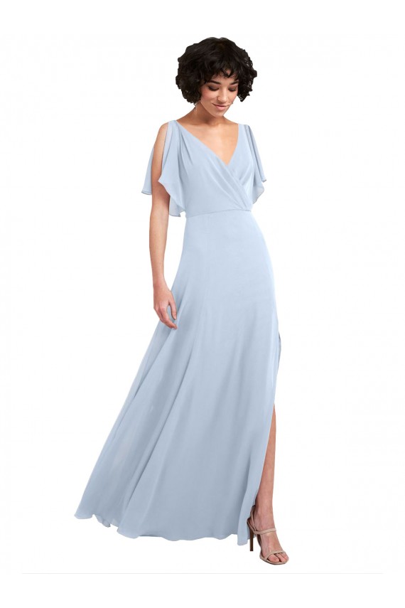 Split Flutter Sleeves V-Neck Chiffon Bridesmaid Dress with Open V-Back Brisbane