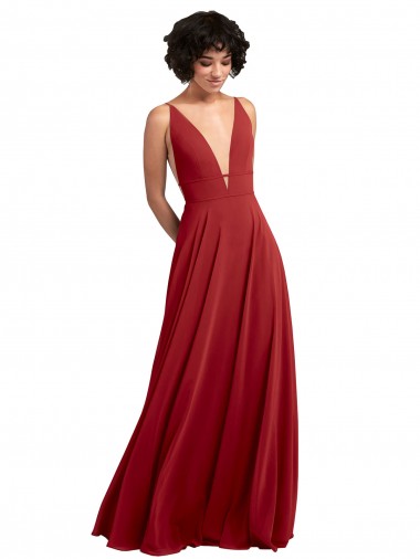 Fitted Plunging Deep V-Neck Long Chiffon Bridesmaid Dress with V-Back Brisbane