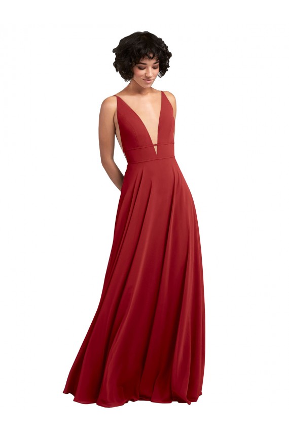 Fitted Plunging Deep V-Neck Long Chiffon Bridesmaid Dress with V-Back Brisbane