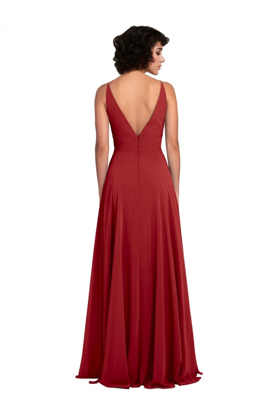 Fitted Plunging Deep V-Neck Long Chiffon Bridesmaid Dress with V-Back Brisbane