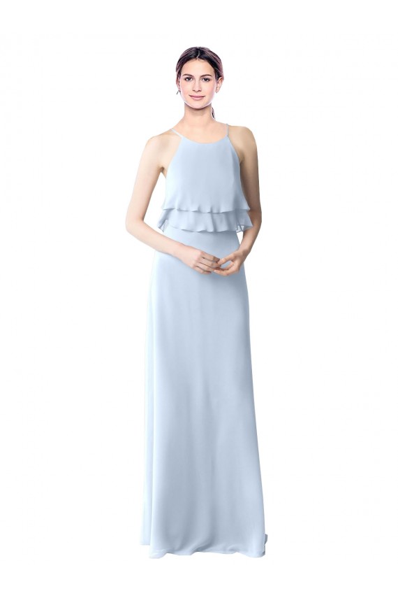 High Narrow Neck Long Chiffon Bridesmaid Dress with Tiered Ruffles Brisbane