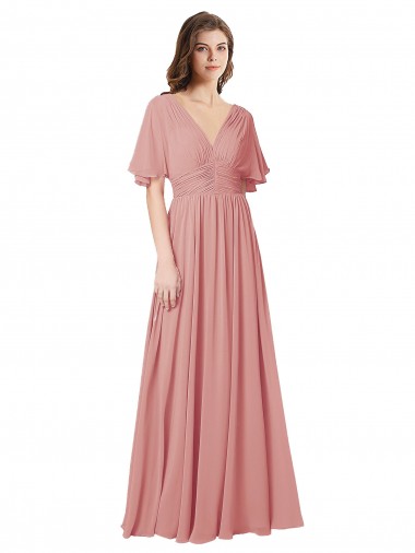 Flutter Sleeves Plunging V-Neck Boho Chiffon Bridesmaid Dress Brisbane