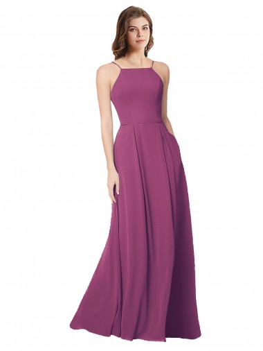 Halter Neck Long Pleated Chiffon Bridesmaid Dress with Pockets Brisbane