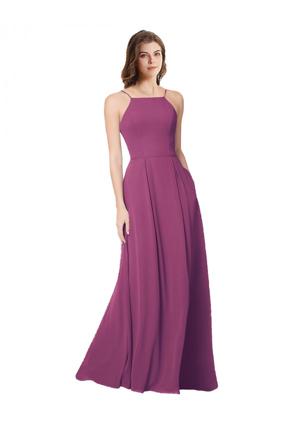 Halter Neck Long Pleated Chiffon Bridesmaid Dress with Pockets Brisbane
