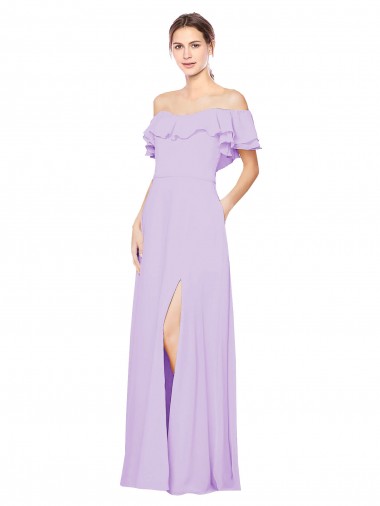 Ruffled Off the Shoulder Long Chiffon Bridesmaid Dress with Slit Brisbane
