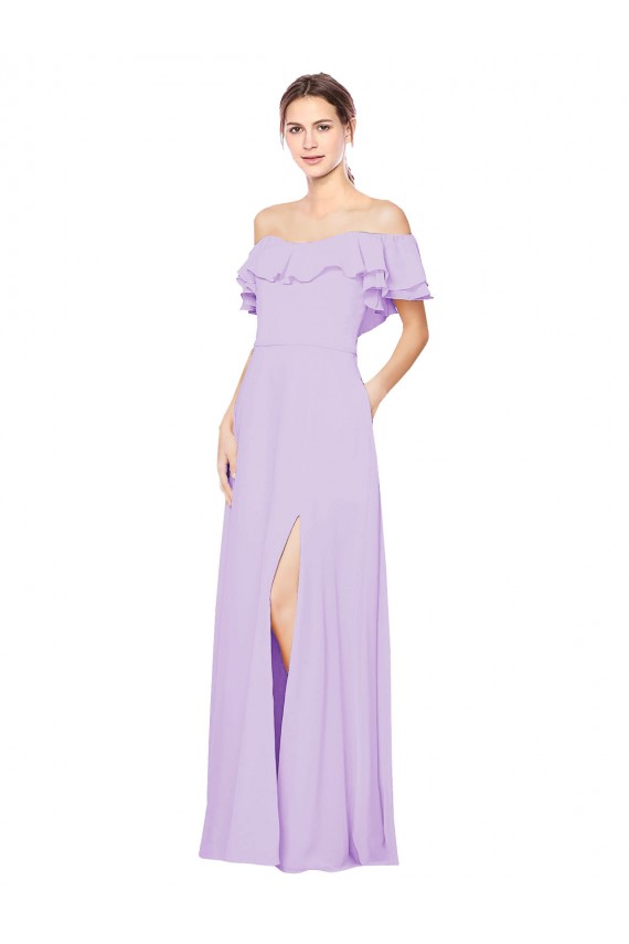 Ruffled Off the Shoulder Long Chiffon Bridesmaid Dress with Slit Brisbane