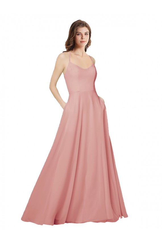 Open Back Wide Tie Band Long Chiffon Bridesmaid Dress with Pockets Brisbane