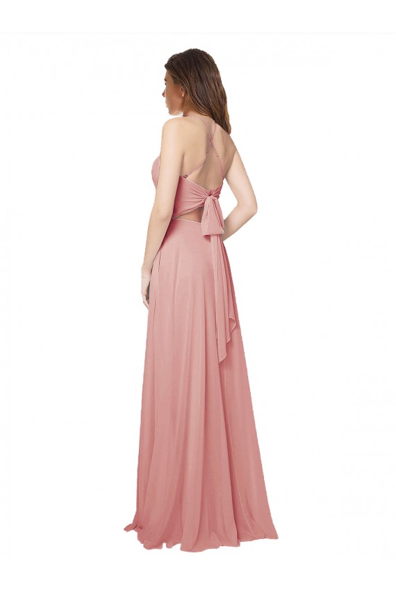 Open Back Wide Tie Band Long Chiffon Bridesmaid Dress with Pockets Brisbane