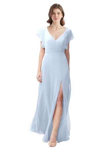 Flutter Sleeves Long Chiffon Bridesmaid Dress with Daring Open Back and Side Slit Brisbane