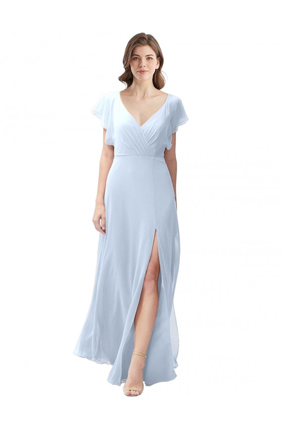 Flutter Sleeves Long Chiffon Bridesmaid Dress with Daring Open Back and Side Slit Brisbane