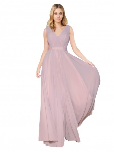 Draped V-Neck Long Chiffon Bridesmaid Dress / Formal Prom Dress with Shirred Bodice Brisbane