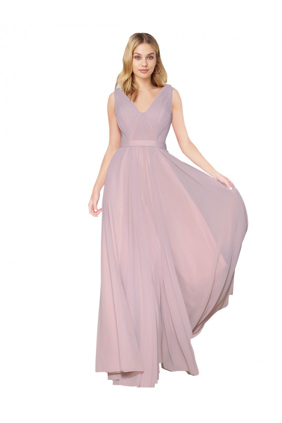Draped V-Neck Long Chiffon Bridesmaid Dress / Formal Prom Dress with Shirred Bodice Brisbane